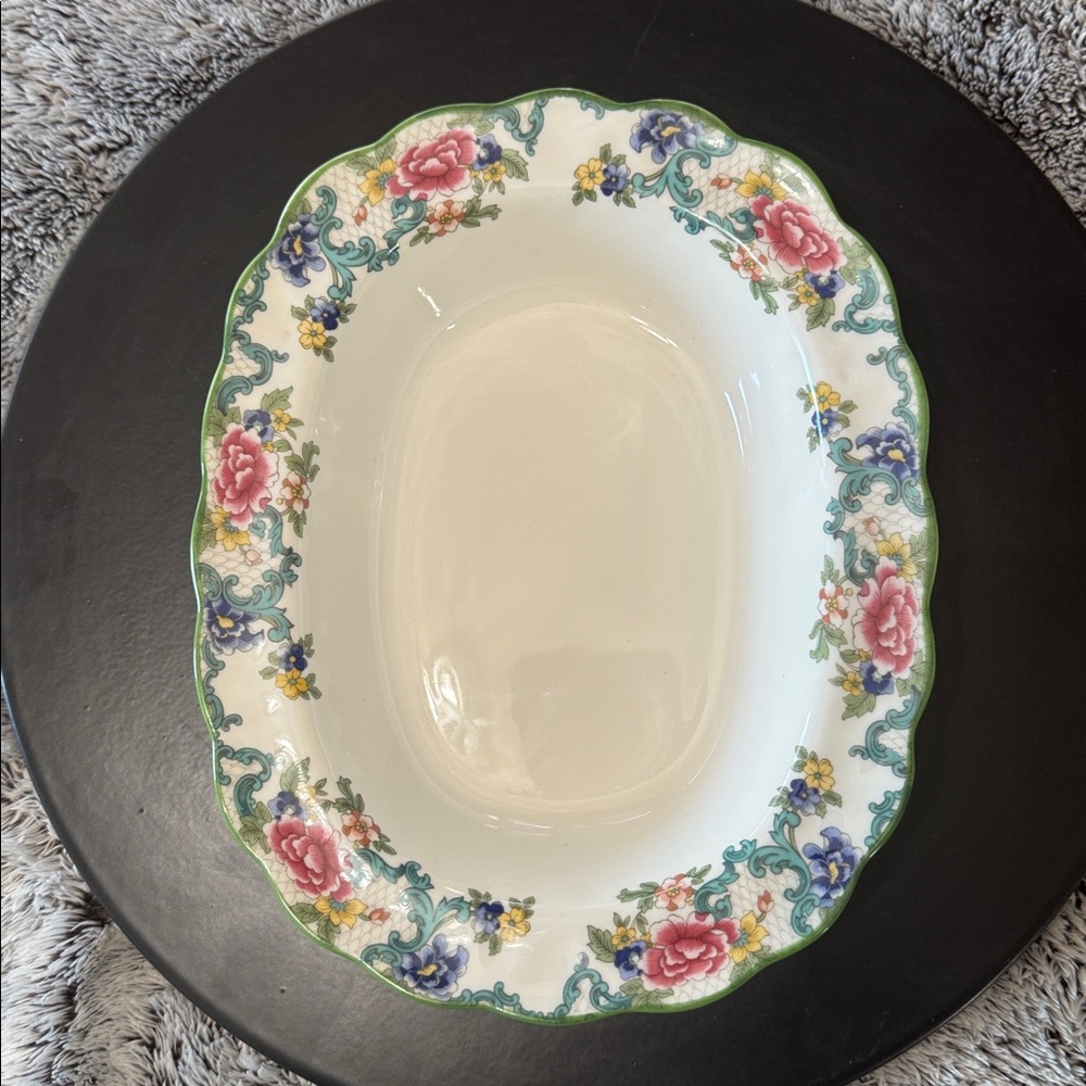 Vintage Royal Doulton Floradora‎ Green Oval Serving Bowl 10" Fine China Scallop - Picture 6 of 15